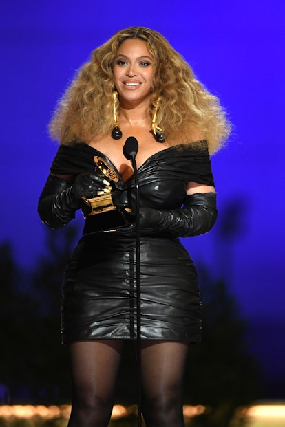 Beyoncé in a black mini dress at the 2021 Grammy Awards