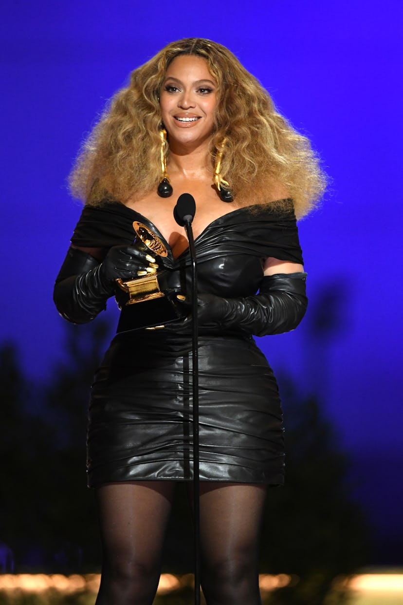Beyoncé in a black mini dress at the 2021 Grammy Awards