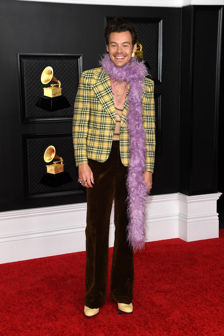 Harry Styles on the red carpet wearing brown pants, and a yellow-striped blazer with a furry purple ...