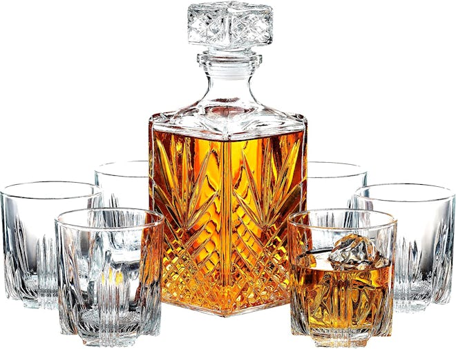 Paksh Novelty Italian-Crafted Glass Decanter & Whisky Glasses Set (7 pieces)