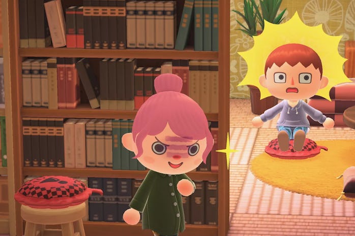 Two Animal Crossing characters are seen on the screen. One character, a boy, looks surprised after t...