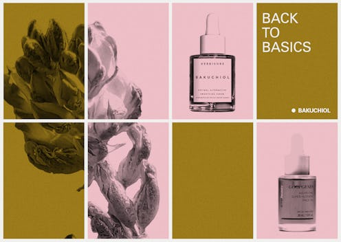 A collage with Bakuchiol plant and two bottles of Bakuchiol serum