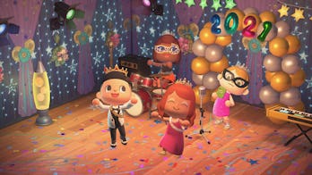 A group of four Animal Crossing characters are seen in a colorful room, presumably a hall for studen...