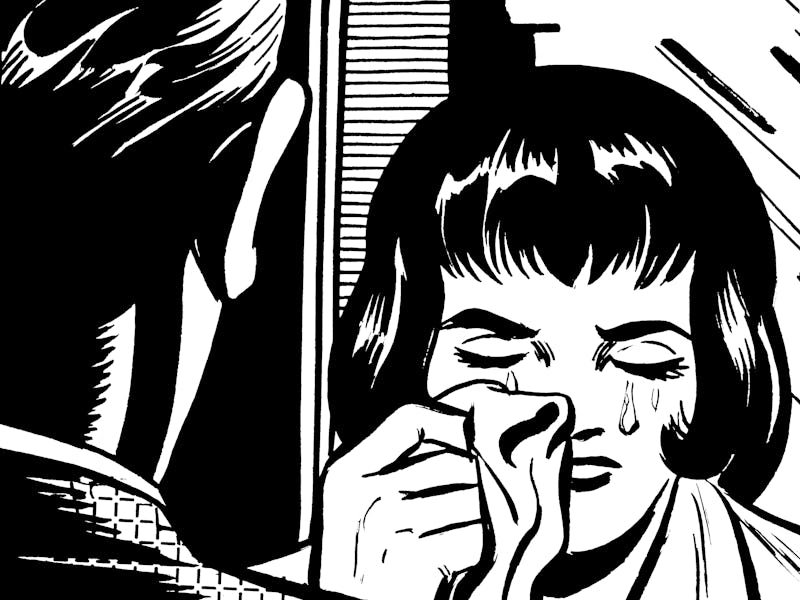 man talking to crying woman illustration