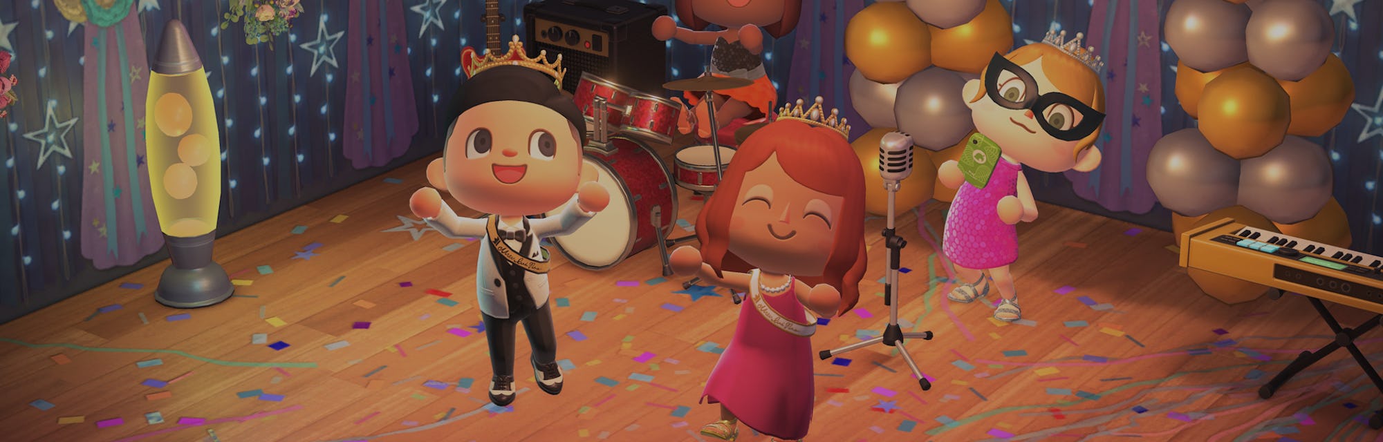 A group of Animal Crossing avatars are seen having fun at prom.