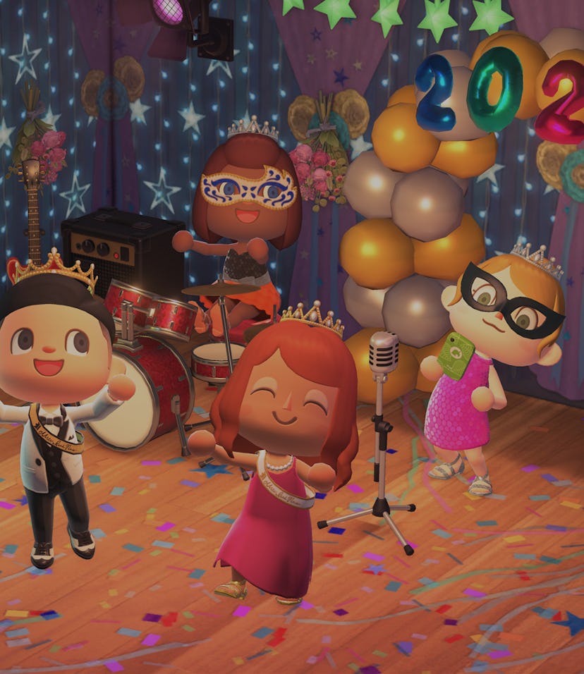 A group of Animal Crossing avatars are seen having fun at prom.