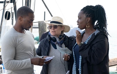 Kari Skogland directing Anthony Mackie and Adepero Oduye on the set of The Falcon and the Winter Sol...
