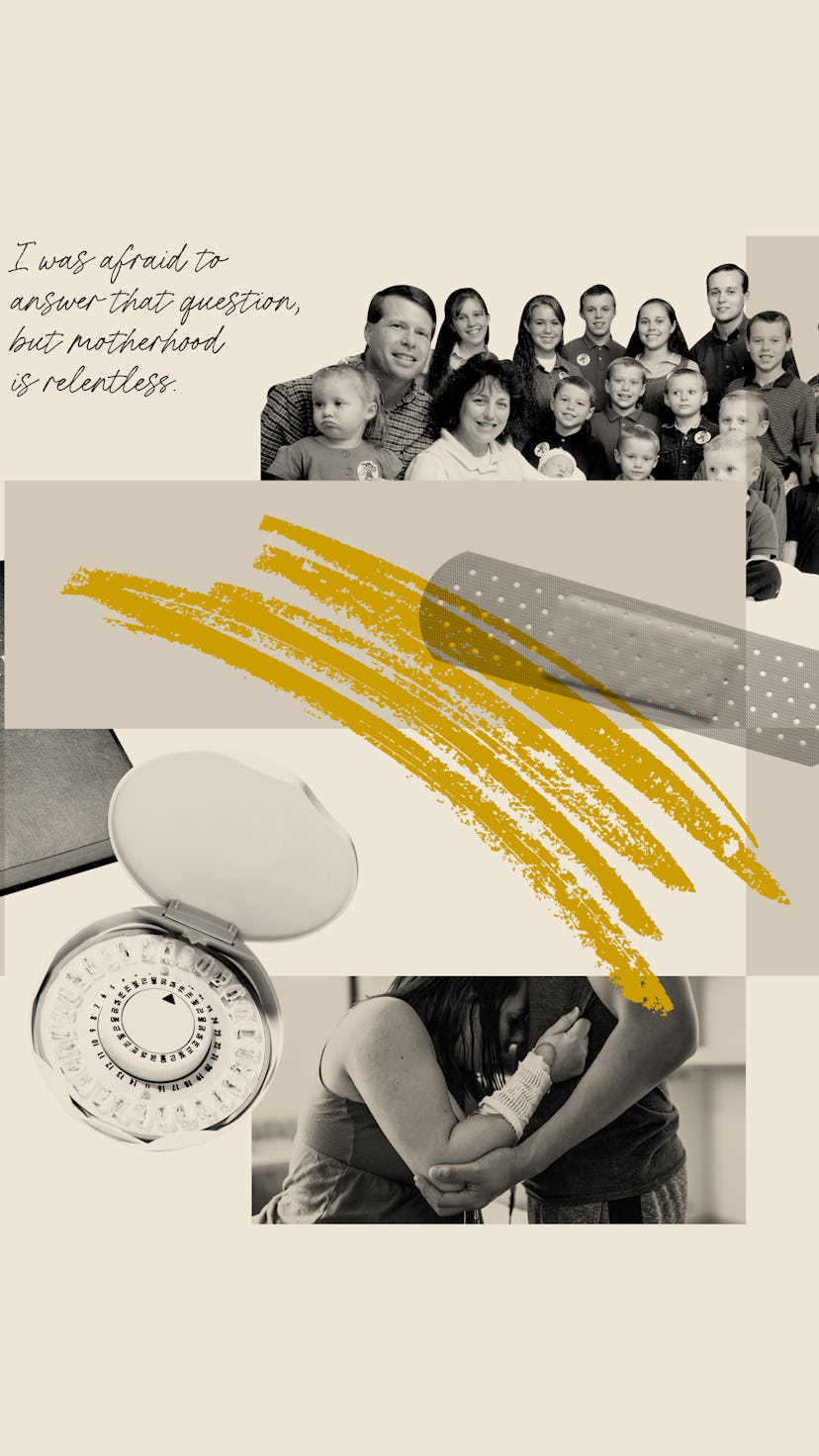 A collage with a Quiverfull woman and her numerous family next to the Bible, and birth control pills