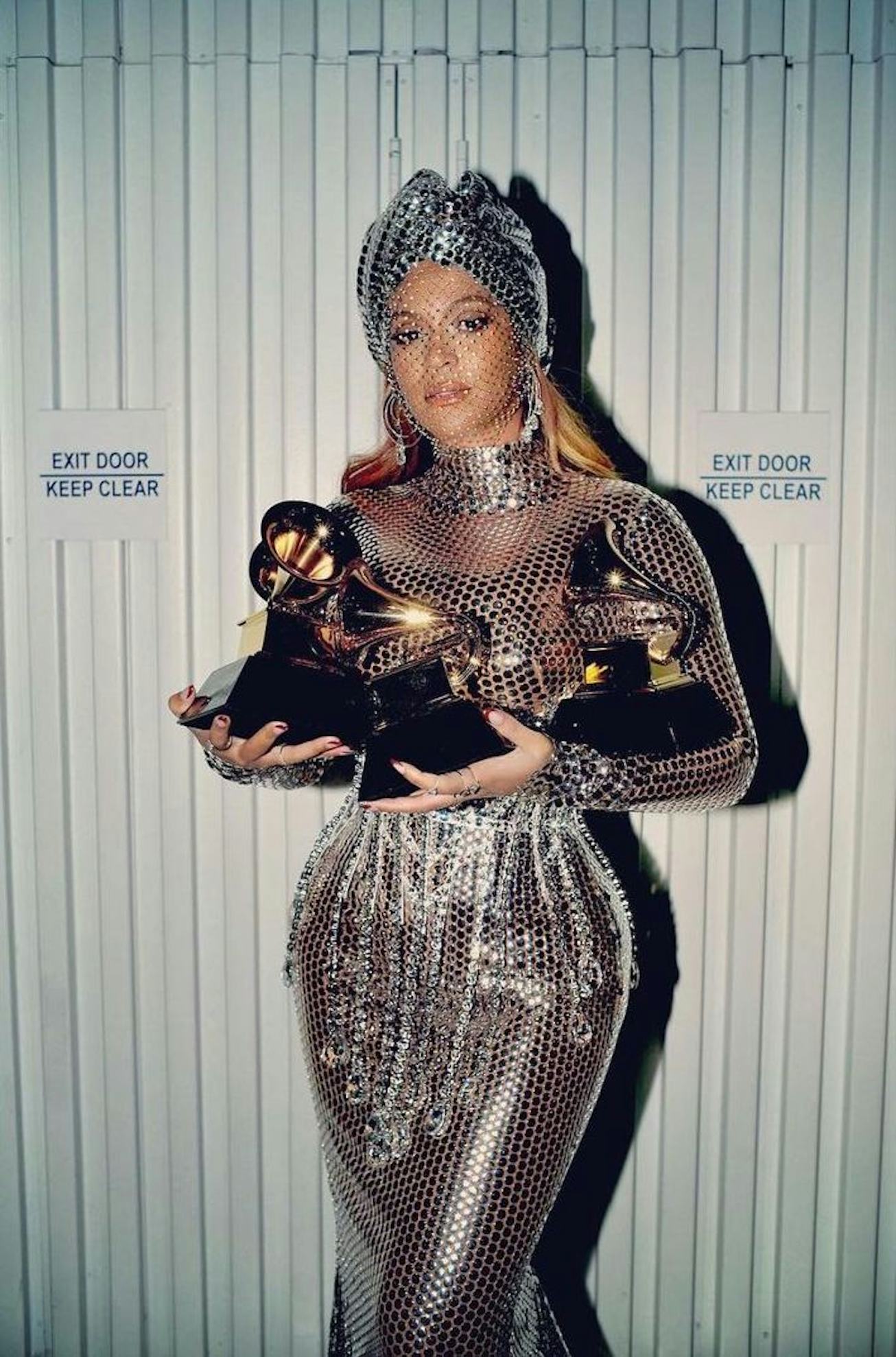 Beyonce in Burberry for the 2021 Grammys after party.