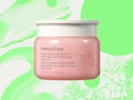 The Innisfree Jeju Cherry Blossom Jelly Cream in a green and white abstract background