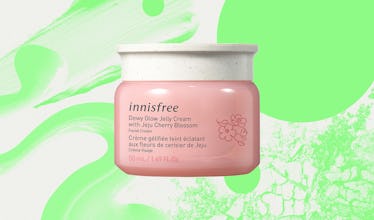 The Innisfree Jeju Cherry Blossom Jelly Cream in a green and white abstract background