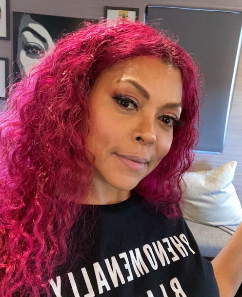 Taraji P. Henson's selfie in a black T-shirt and fuchsia curly hair