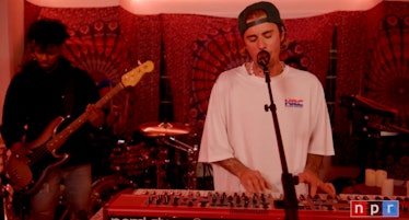 Justin Bieber performs his song "Peaches" for the first time.