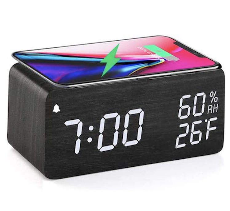 iphone travel alarm clock JALL Wooden Digital Alarm Clock with Wireless Charging