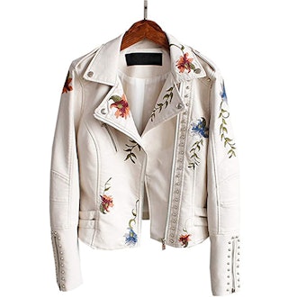 LY VAREY LIN Embroidered Faux Leather Moto Jacket