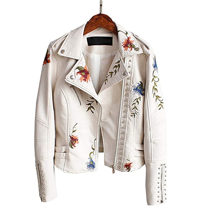 LY VAREY LIN Embroidered Faux Leather Moto Jacket