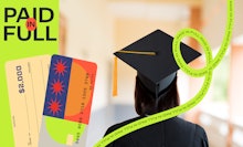 A collage of a person facing backwards in their graduation cap, two credit cards and a green banner ...