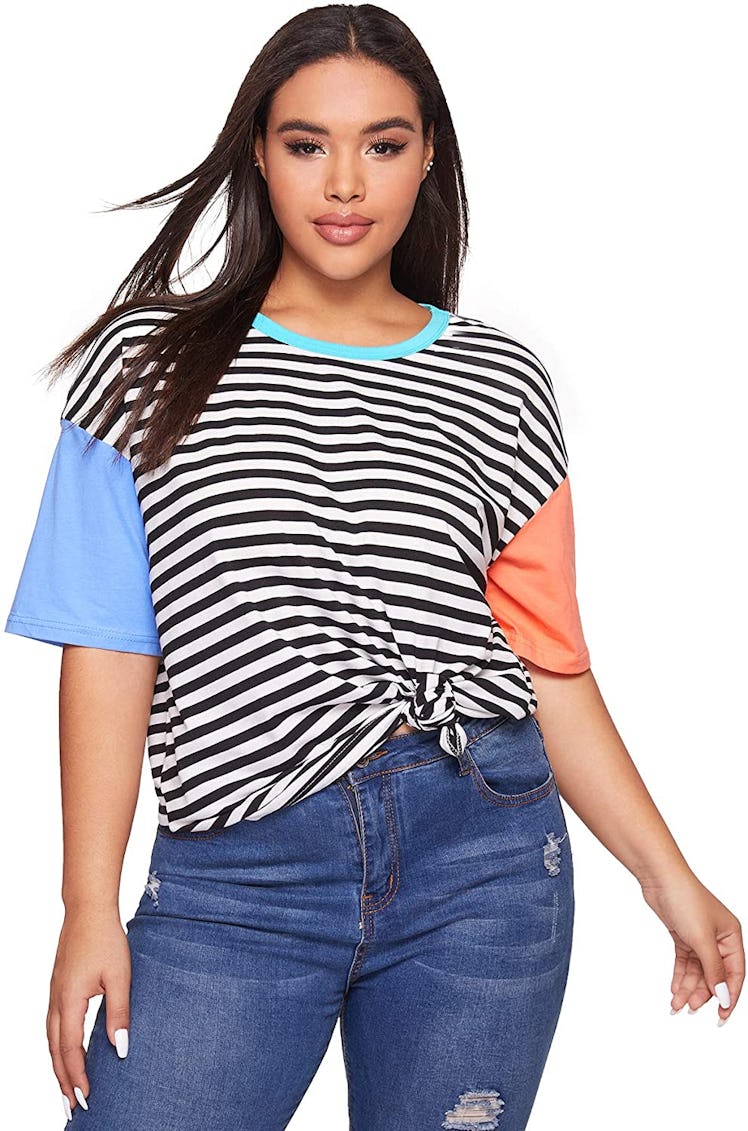 Romwe Crewneck Striped Short-Sleeve T-Shirt