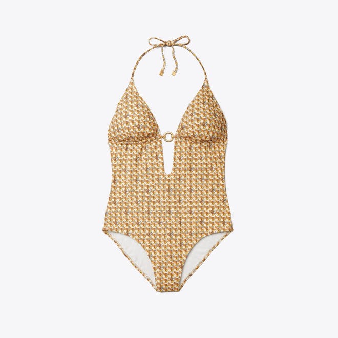 Basket Weave Print Ring One-Piece Swimsuit
