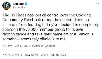 A screenshot of Erin Biba saying that NYT's cooking community group has been abandoned by its modera...