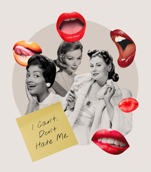 Collage of three ladies, lip positions, and a paper with "I can't, don't hate me" text