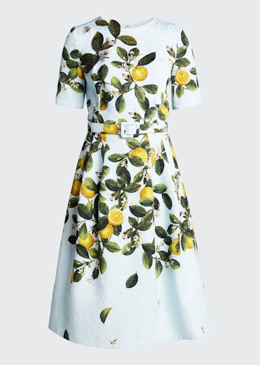 Lemon-Print Belted Midi Dress