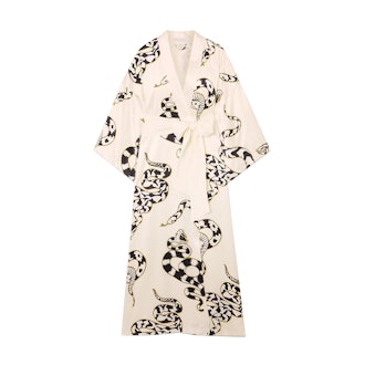 Olivia Von Halle Ivory Queenie Printed Silk-Satin Robe