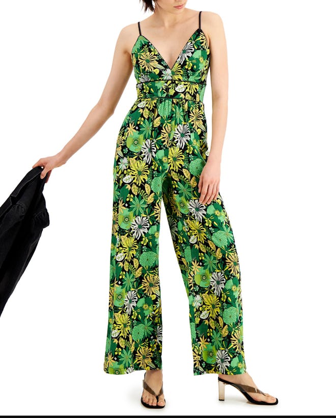 Cotton Printed Piped-Trim Jumpsuit