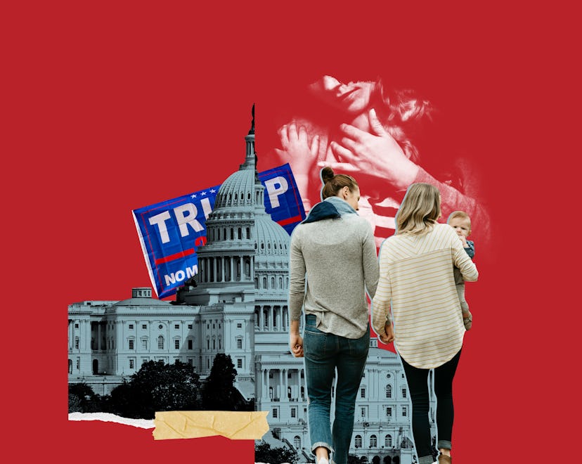 Two people holding hands, going toward a split white house with a trump vote sign above it