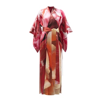 Common Hours Crimson and Claret Printed Silk Reversible Robe