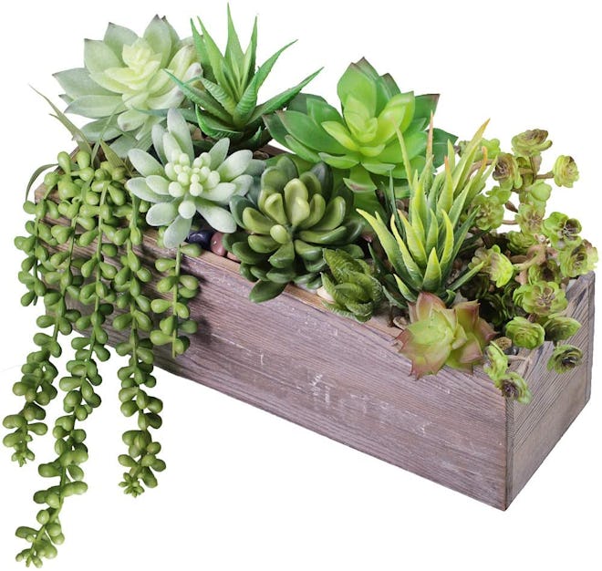 Supla Rustic Wood Pre-Potted Fake Succulent Planter