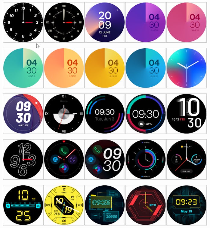 Leaked images of watch faces for the OnePlus Watch.