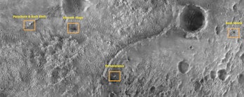 An image of the surface of Mars pointing to where the Perseverance rover is on the planet, as well a...
