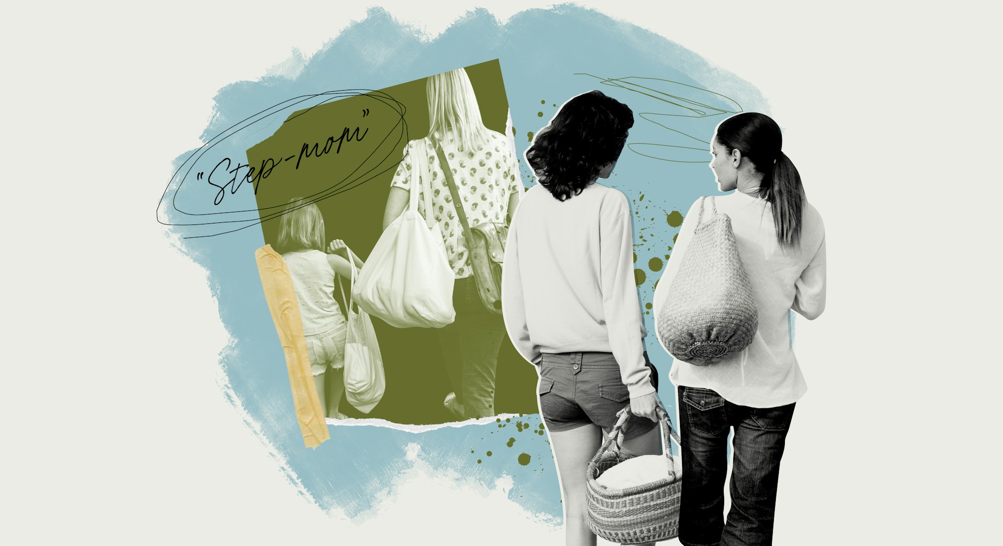 A collage: Two women carrying groceries while walking, and a stepmom with her daughter also carrying...