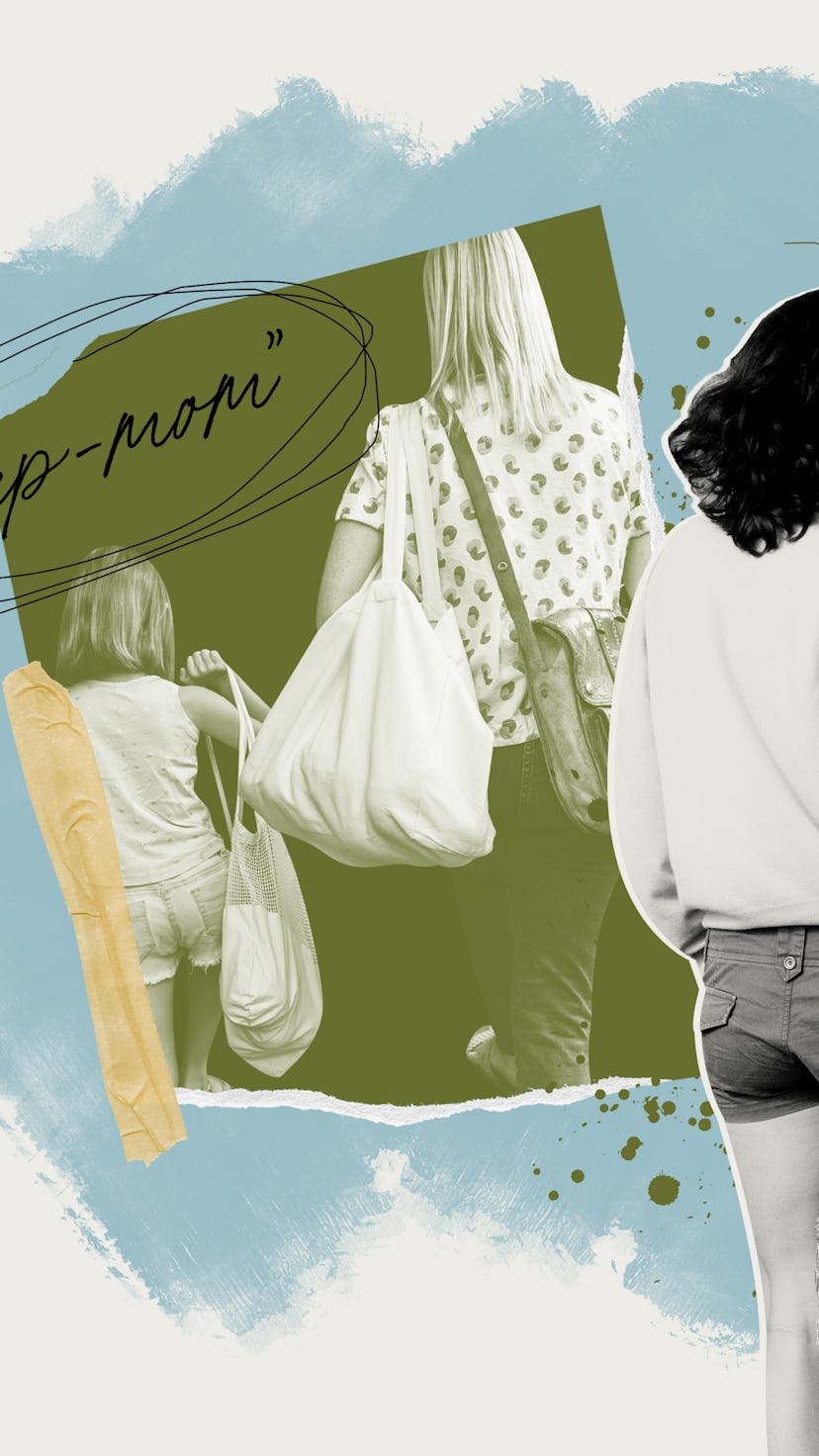 A collage: Two women carrying groceries while walking, and a stepmom with her daughter also carrying...