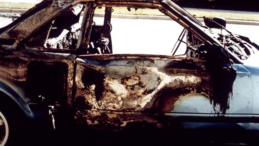 the exploded car on Murder Among the Mormons via Netflix