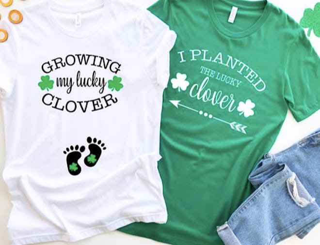 St. Patrick’s Day Clover Couples Pregnancy Tee Shirt makes a great St. Patrick's Day pregnancy annou...