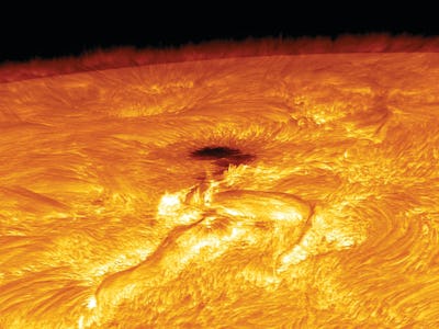 A close up of the Sun's surface showing the boiling hot plasma.