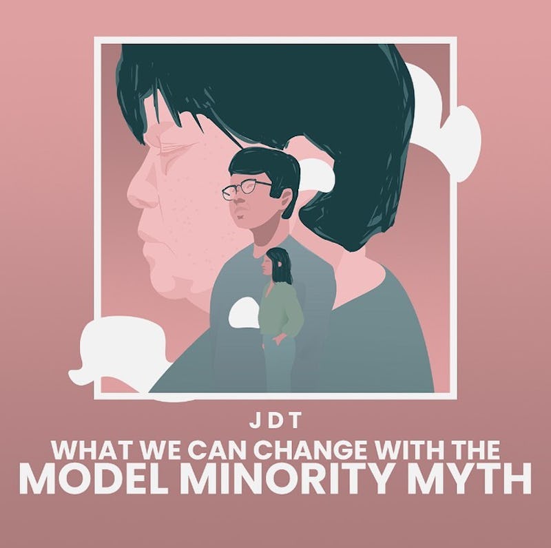 An illustration of a man with text reading "What we can change with the model minority myth" from me...