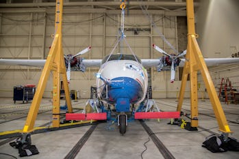 The NASA all-electric X-57 plane preparing for ground vibration testing at the agency's flight research center in California.