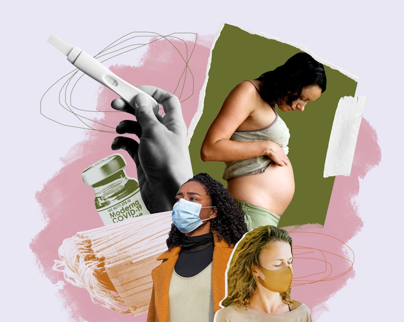 A collage of a pregnant woman, two women with face masks, a pregnancy test and a COVID vaccine