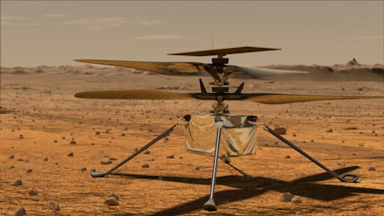 An illustration of the ingenuity helicopter on the Martian atmosphere