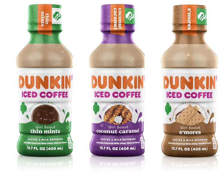 Dunkin's Girl Scout Cookie-inspired bottled ice coffees and merch pay tribute to the iconic treats.