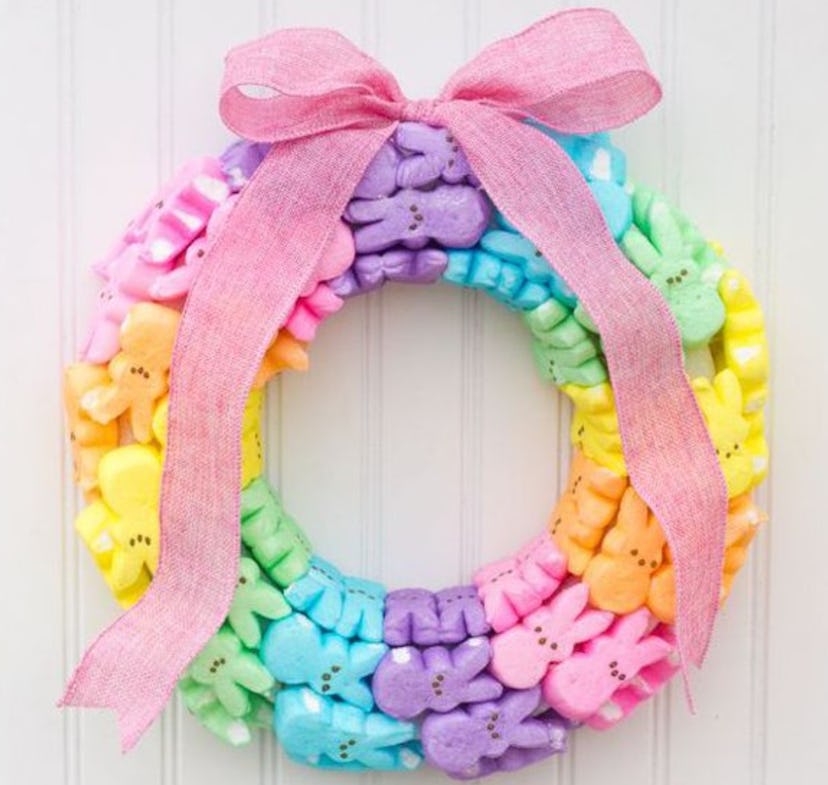 a spring wreath made from multi-colored Peeps
