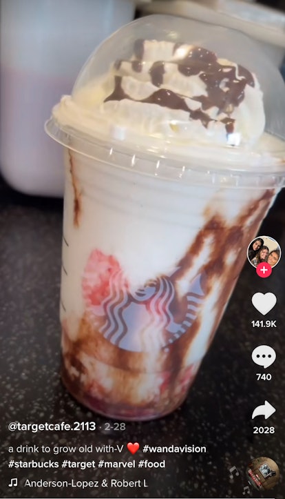 The 'WandaVision' Frappuccino from Starbucks is a vanilla bean frappe with chocolate and strawberry ...