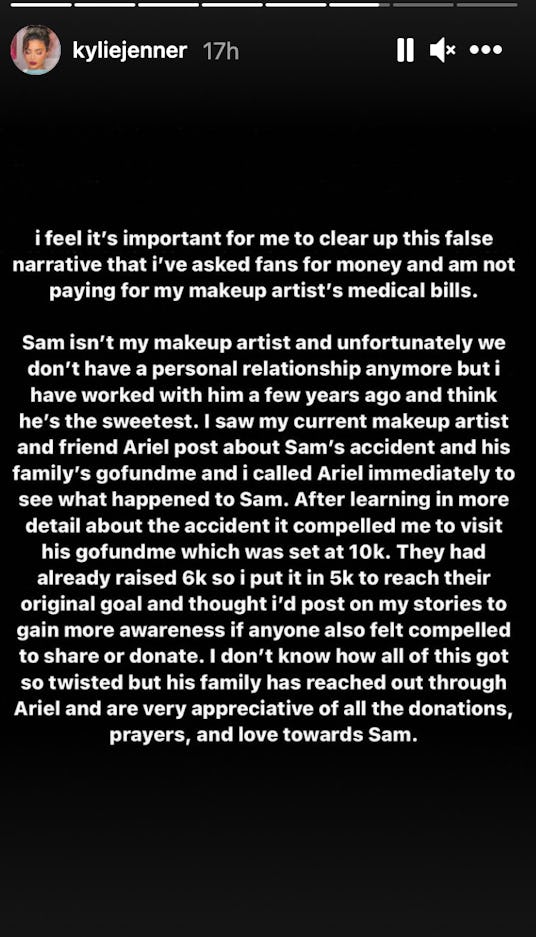 Slide one of Kylie Jenner's Instagram Story explanation of her support for makeup artist Sam Rauda