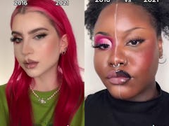Abby Robters and namglami comparing 2016 and 2021 makeup trends on TikTok.