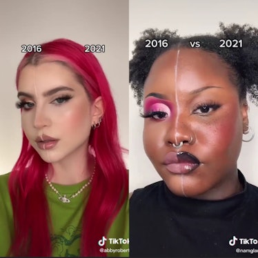 Abby Robters and namglami comparing 2016 and 2021 makeup trends on TikTok.