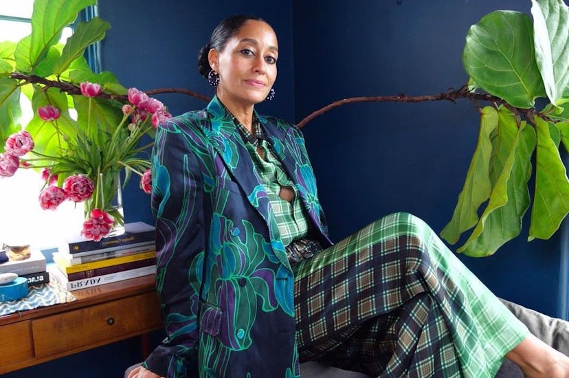 Tracee Ellis Ross in a plaid green suit and blue blazer.