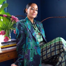 Tracee Ellis Ross in a plaid green suit and blue blazer.